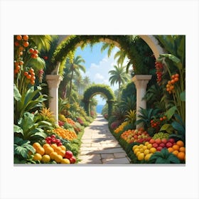 Tropical Garden Pathway With Fruit Arches And Ocean View 3 Canvas Print