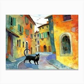 Black Cat In Ancona, Street Art Watercolour Painting 3 Canvas Print