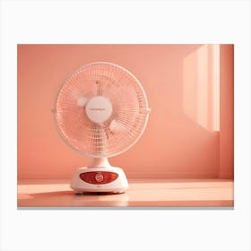 A White Electric Fan With A Red Base Sits On A Pink Floor, With A Pink Wall And Window In The Background Canvas Print