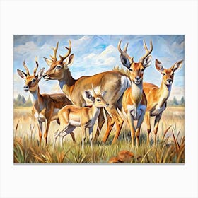 Family Of Deer In A Meadow Canvas Print