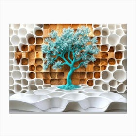 Abstract Surround A Turquoise Tree At The Center Of This Oak Wood And White Canvas Print