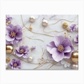 3d Purple Flowers, Gold Balls And Pearls On A White Marble Canvas Print