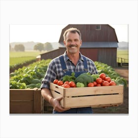 Smiling Farmer Holding A Crate Of Fresh Produce In A Field 4 Canvas Print