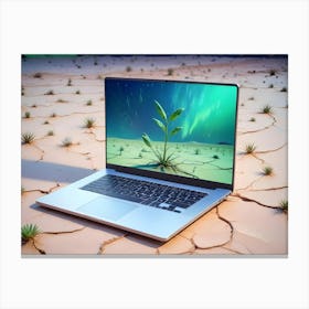 Laptop On A Cracked Desert Ground With A Plant Emerging From The Screen And The Desert Visible In The Background Canvas Print