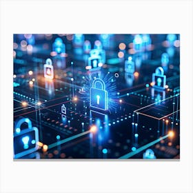 Digital Grid With Glowing Blue Lock Icons, Representing Cybersecurity 1 Canvas Print