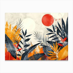 Abstract Tropical Foliage Illustration With Orange Red And Dark Blue Leaves Against A Textured Background Featuring La Canvas Print