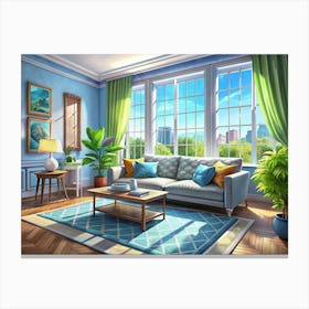 Living Room Interior With Light Blue Walls And Large Windows Canvas Print