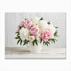 A Bouquet Of Pastel Pink And Pristine White Peonies With Hints Of Red Arranged Densely In A Natural (1) Canvas Print