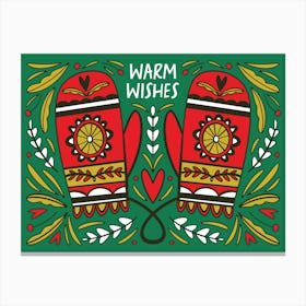 Red Nordic Christmas Mittens Illustrated Canvas Print