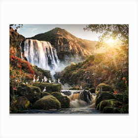 Mountain Waterfall with Wildlife Painting #13 Canvas Print