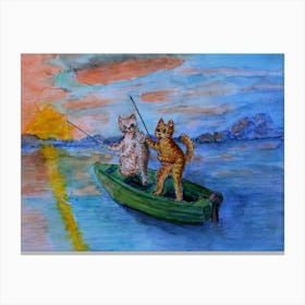 Cats Have Fun Cats Fishing On A Boat At Sunset Canvas Print