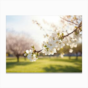 Blooming Pear Tree In Spring Close Up Shot Focusing On Delicate White Blossoms Against A Soft Hued (6) Canvas Print