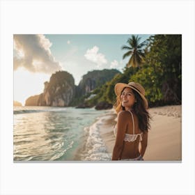 A Single Woman Embodying Leisure And Happiness Embarks On A Tropical Holiday To A Scenic Island In (2) Canvas Print