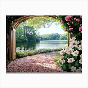 Beautiful Garden With Access To The Lake, Petals, And Pink And White Flowers 1 Canvas Print