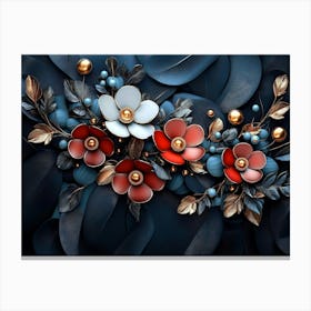 3d Artwork Illustration White And Blue Background With Golden Jewelry And Flowers, In Black Canvas Print