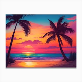 A Tranquil Beach At Sunset Horizontal Illustration Canvas Print