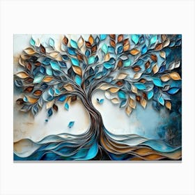 Abstract 3d Tree Artwork With Swirling Turquoise, Blue, And Brown Leaves 1 Lienzos