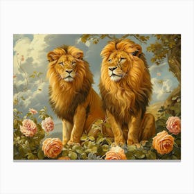 Floral Animal Illustration Lion 3 Canvas Print