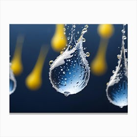 Close Up Of Water Drops With A Blurry Background Of Yellow Teardrop Shapes Canvas Print