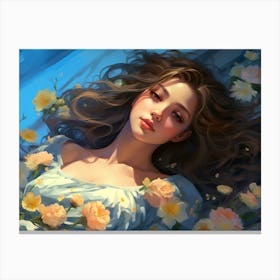 Upscaled Painting Of A Beautiful Girl With Flowers In Canvas Print
