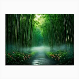 Bamboo Forest Bathed In The Enchanted Twilight Glow Shafts Of Soft Amber Sunlight Filtering Through Canvas Print