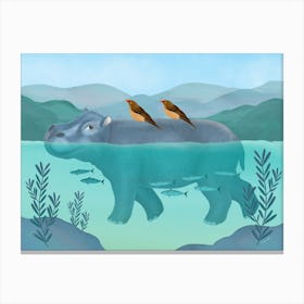 Underwater Hippo With Birds Canvas Print