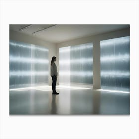 A Woman Stands In A White Room, Looking At A Large, Abstract Screen Displaying A Series Of Vertical Lines And Patterns Canvas Print