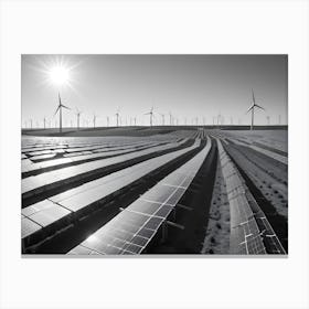 A Black And White Photo Of A Field Of Solar Panels And Wind Turbines, Representing Renewable Energy Sources Canvas Print