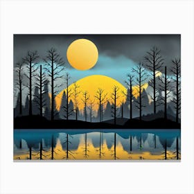 Sunset Over The Lake, Forest, sunset,   Forest bathed in the warm glow of the setting sun, forest sunset illustration, forest at sunset, sunset forest vector art, sunset, forest painting,dark forest, landscape painting, nature vector art, Forest Sunset art, trees, pines, spruces, and firs, black, blue and yellow, lake, lake in forest, reflection of sunset Canvas Print