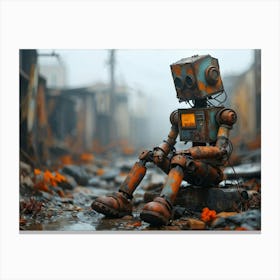 Toy Robot Abandoned In The Midst Of A Post Apocalyptic Wasteland Layers Of Heavy Rust Barely Concea Canvas Print