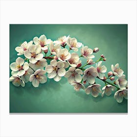 White Cherry Blossoms Branch On A Green Background Canvas Print