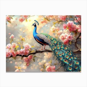 Peacock On Branch with Colorful Flowers 3d Canvas Print