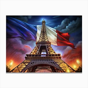 Eiffel Tower With French Flag In The Night Sky Canvas Print