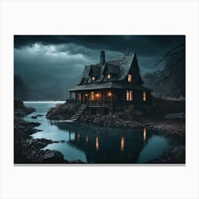 An Old House In The Middle Of A Pond At Night Canvas Print