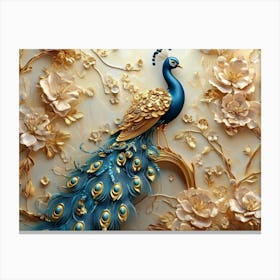 3d Artwork of Peacock with Golden Jewelry and Flowers Canvas Print