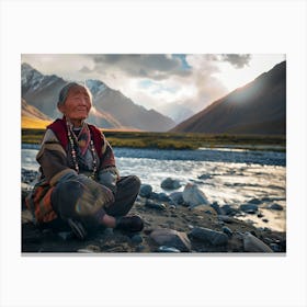 Shantiva zaga, an old tibethan woman meditate at the bottom of the mountains, near the river Canvas Print