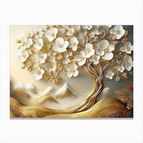 3d Golden Tree With White Flowers Painting Canvas Print