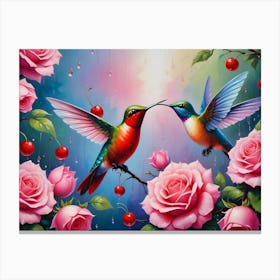 Two Hummingbirds, One Red And One Blue, Touch Beaks In A Romantic Gesture Canvas Print