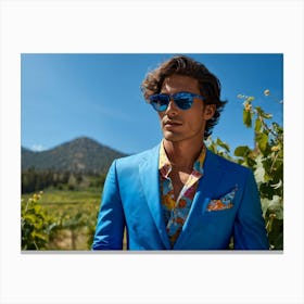 A Fashionable Businessman In A Playful Summer Setting His Sunglasses Reflecting The Mountain Filled (3) Canvas Print