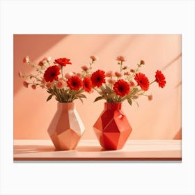 Two Pink Vases With Red Gerbera Daisies On A Pink Background With Light Shining Through Canvas Print