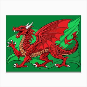 Red Dragon With Waving Welsh Flag Canvas Print