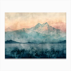 Vintage Mountain Landscape Print Textured Fine Art Wall Decor Boho Nature Poster Muted Blue & Earth Tones Canvas Print