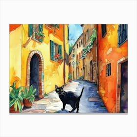 Black Cat In Ascoli Piceno, Italy, Street Art Watercolour Painting 2 Canvas Print