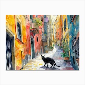 Black Cat In Genoa, Italy, Street Art Watercolour Painting 1 Canvas Print