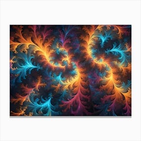 Abstract Image Featuring Intricate Swirling Patterns In Shades Of Orange, Blue, And Purple, Reminiscent Of Frost Or Delicate Foliage Canvas Print