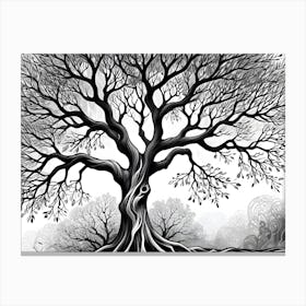 Abstract Black And White Illustration Of A Tree With Twisted Branches And A Swirling Background 1 Canvas Print