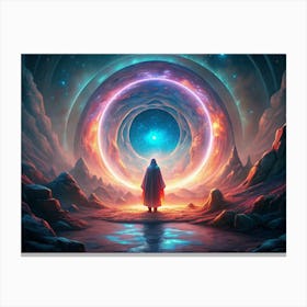 Mysterious Figure In Red Robe Standing Before A Cosmic Portal Canvas Print