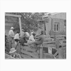 Men Sitting On Fence On Cattle Auction Yard, San Augustine, Texas By Russell Lee Canvas Print