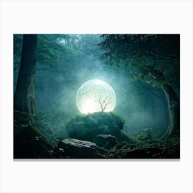 Magic Ball Emitting An Ethereal Glow Perched On An Ancient Gnarled Structure In The Dark Woods Su Canvas Print