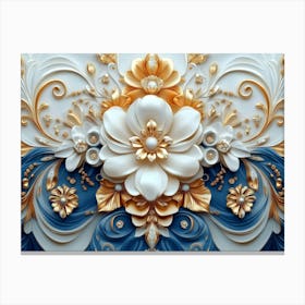 Intricate 3d Artwork Illustration with a White and Blue Backdrop, Embellished with Gold Jewelry 1 Canvas Print